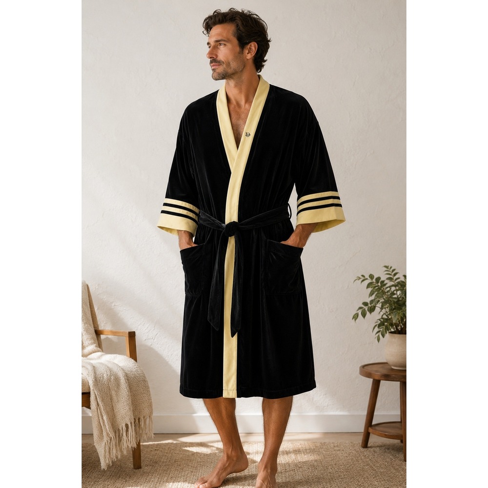 Vintage Christian Dior Monsieur Black Velour Robe Mens One Size Belted Monogram
